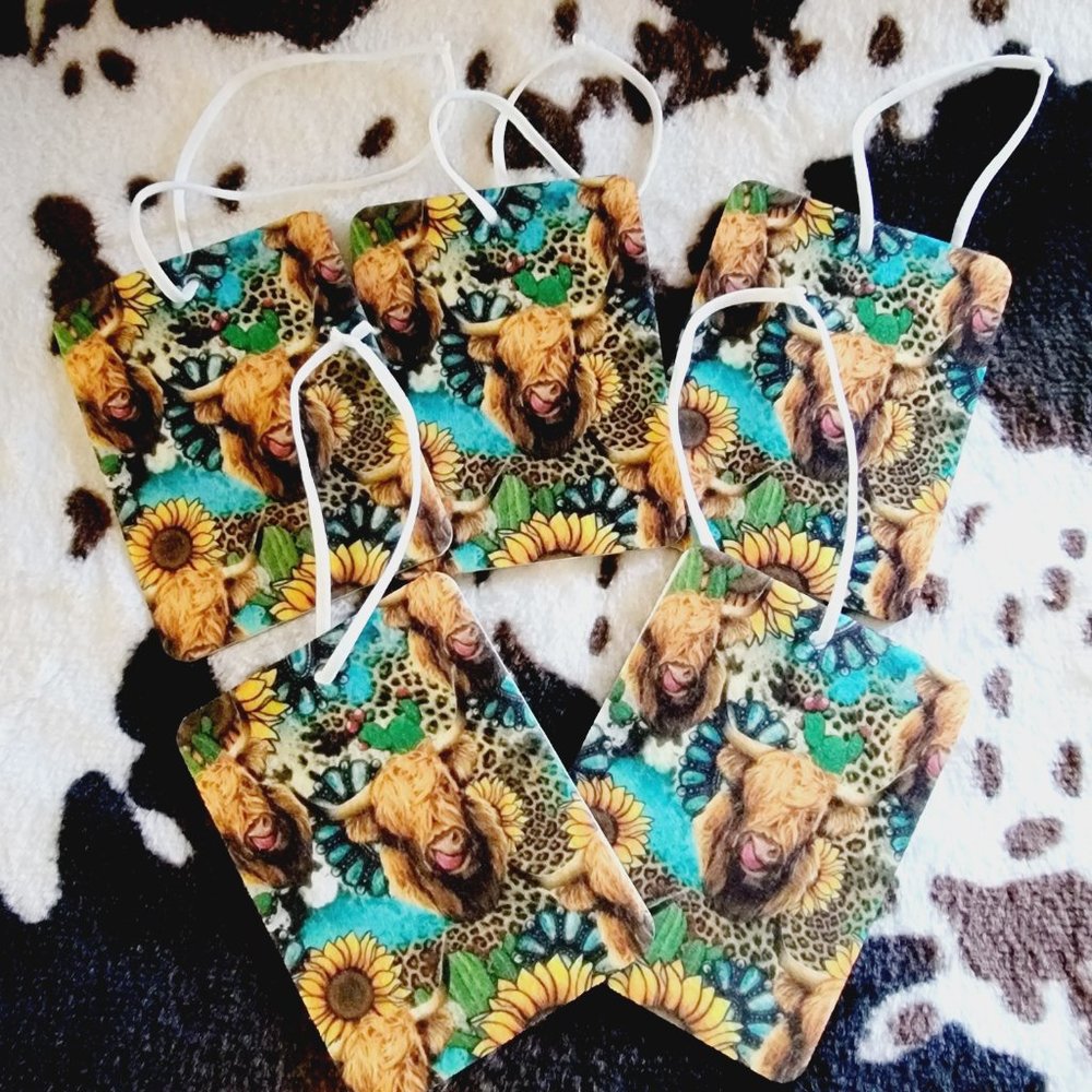 Sunflower Highland Cow Unscented Car Air Freshener 5 Pack